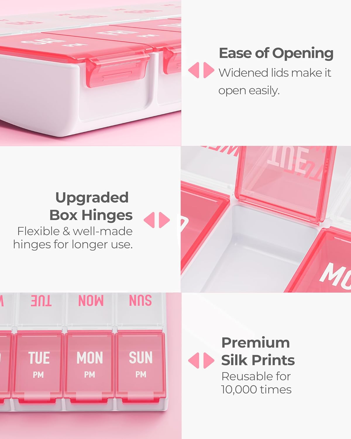 Pink Weekly Pill Organizer 2 Times a Day, Stylish Pill Box 7 Day AM PM with Large Compartments, Pill Case Easy to Use, BPA-Free Pill Container Healthcare Aid Vitamins Medication