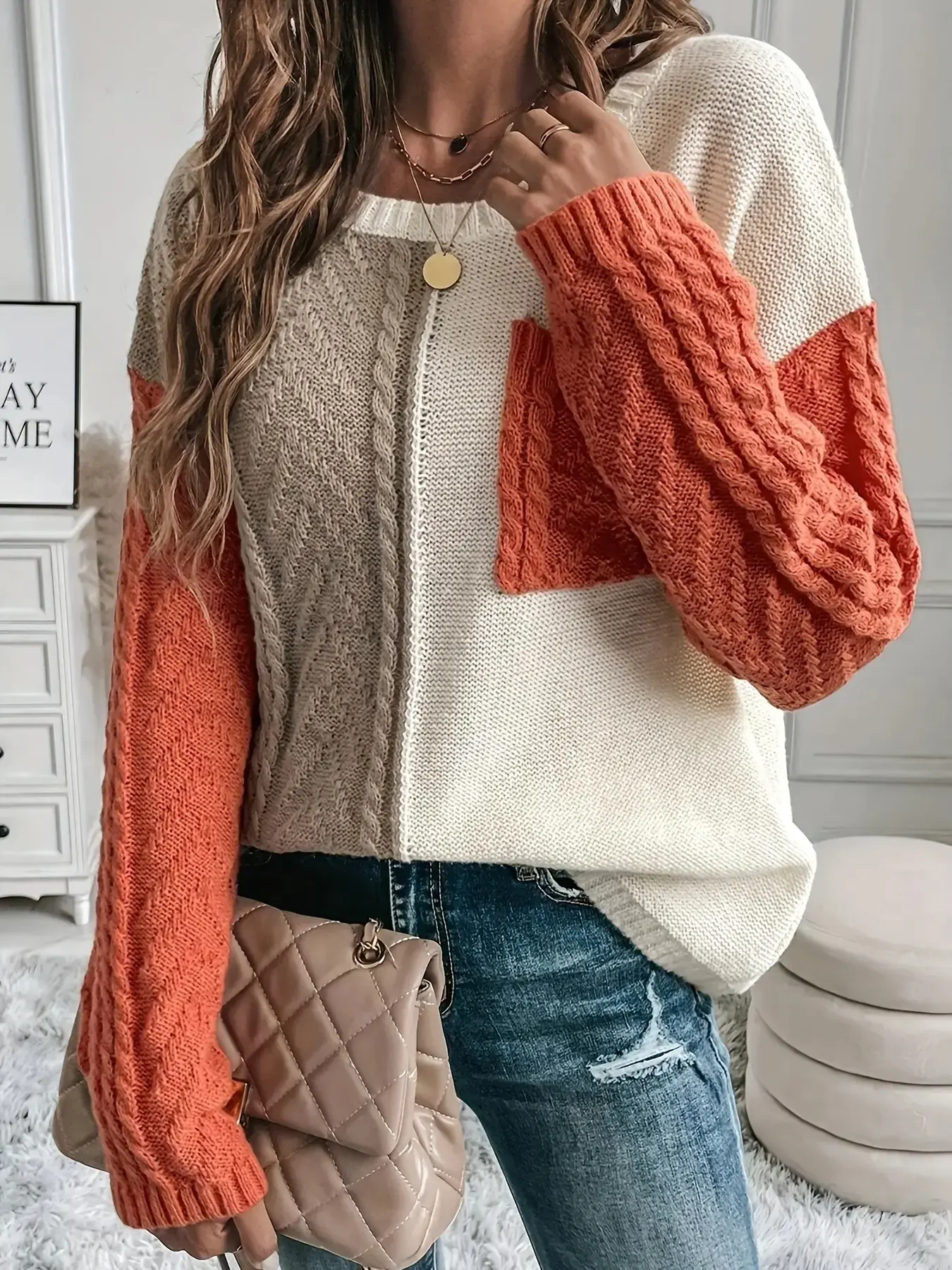 Women's Color Block Geometric Patchwork Cable Knit Pullover Sweater, Crew Neck Long Sleeve Fitted Thick Warm Jumper, Ladies' Winter Casual Daily Commute Wear, Womenswear Knitwear Knitting