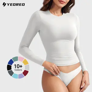 YEOREO Long Sleeve Shirts for Women y2k Tops Double Lined Basic Tee Crew Neck Sweeney Workout Undershirt