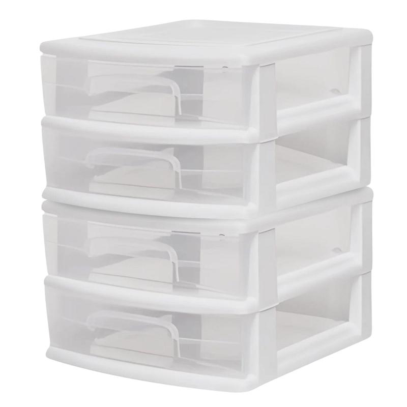 Homz Plastic 2 Drawer Medium Storage Cart, White Frame with Clear Drawer, 2 Pack