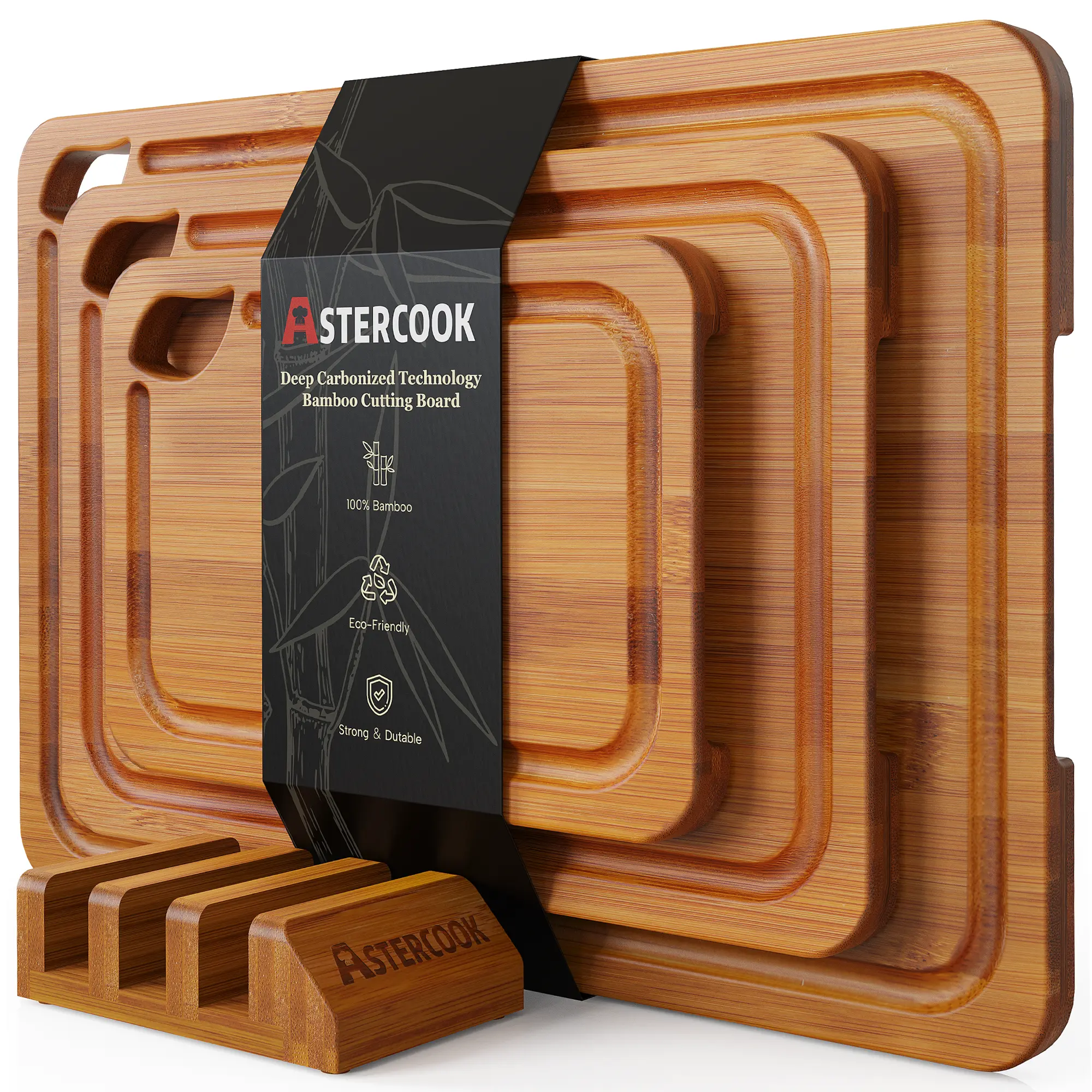 【Official】Astercook 4-Piece Bamboo Chopping Board Set with Holder - Food-Grade Wooden Chopping Board, Durable Eco-Friendly 3-Size Kitchen Supplies for New Home Setup, Steak & Vegetables, Cooking Cutting Board