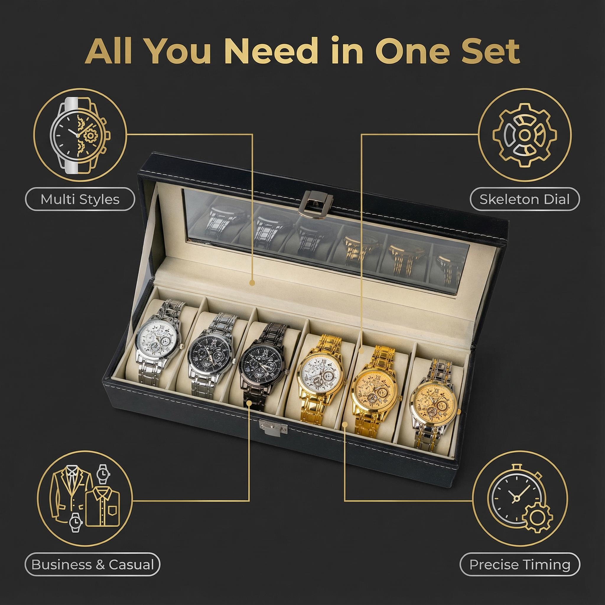Valentine's Day 6 in 1 Men's Watch Set Iced Watches Dress Sport Casual Styles with Leather Box Perfect Gifts for Dad Husband 2025 New Release