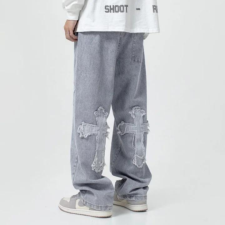 Sopula Studio Men's Streetwear Denim Cross Embroidery Jeans Ripped Straight Leg Blue Skateboard trousers