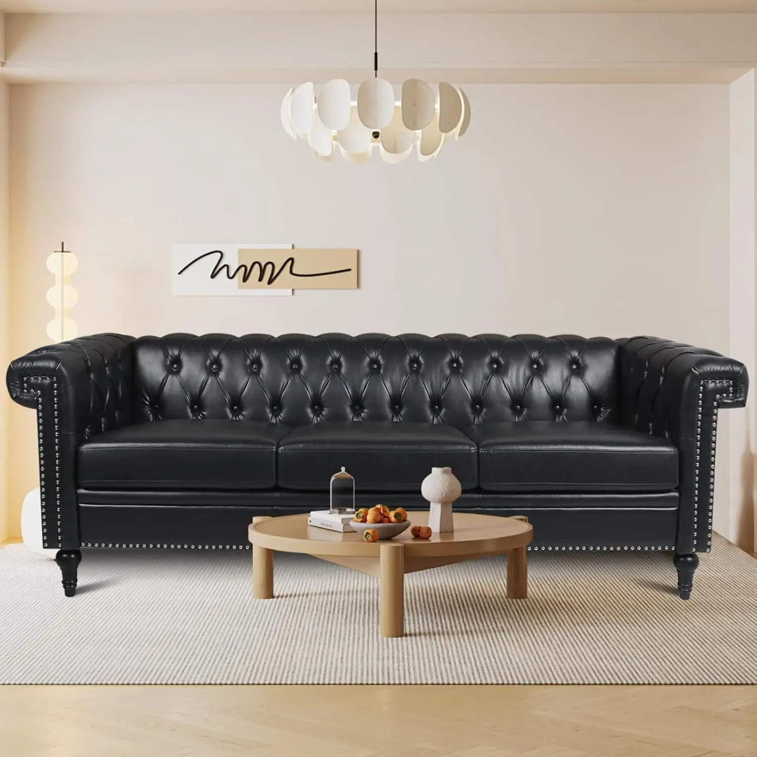 Sturdy 3-Seater Tufted Chesterfield PU Leather Sofa - 84in Indoor Sofas Living Room Furniture with Square Arms, Modern Wood Legs, Button Tufting, Nailhead Detail, Dirt Resistance, Deep Seats, Cushion, Easy to Assemble