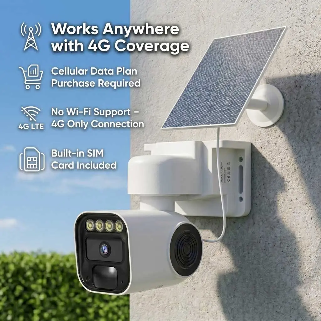 4G LTE Solar Wireless Camera-C8, 4MP Full HD Color Night Vision, Built-in Cellular Card, No WiFi, IP65 Waterproof Screw Mount Outdoor Camera for Farm/Home (4G Data Service Needed; Weak Indoor Signal Disclaimer)