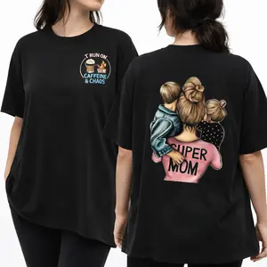 Cotton Double-sided Trendy Graphic Tees for Women Cute Tops, T Shirts Women's Graphic Tees, Vintage Graphic Tees, Oversized Black T-Shirt with Fun Front Print and Super Mom Back Design Summer Aesthetic trendy graphic tees for women
