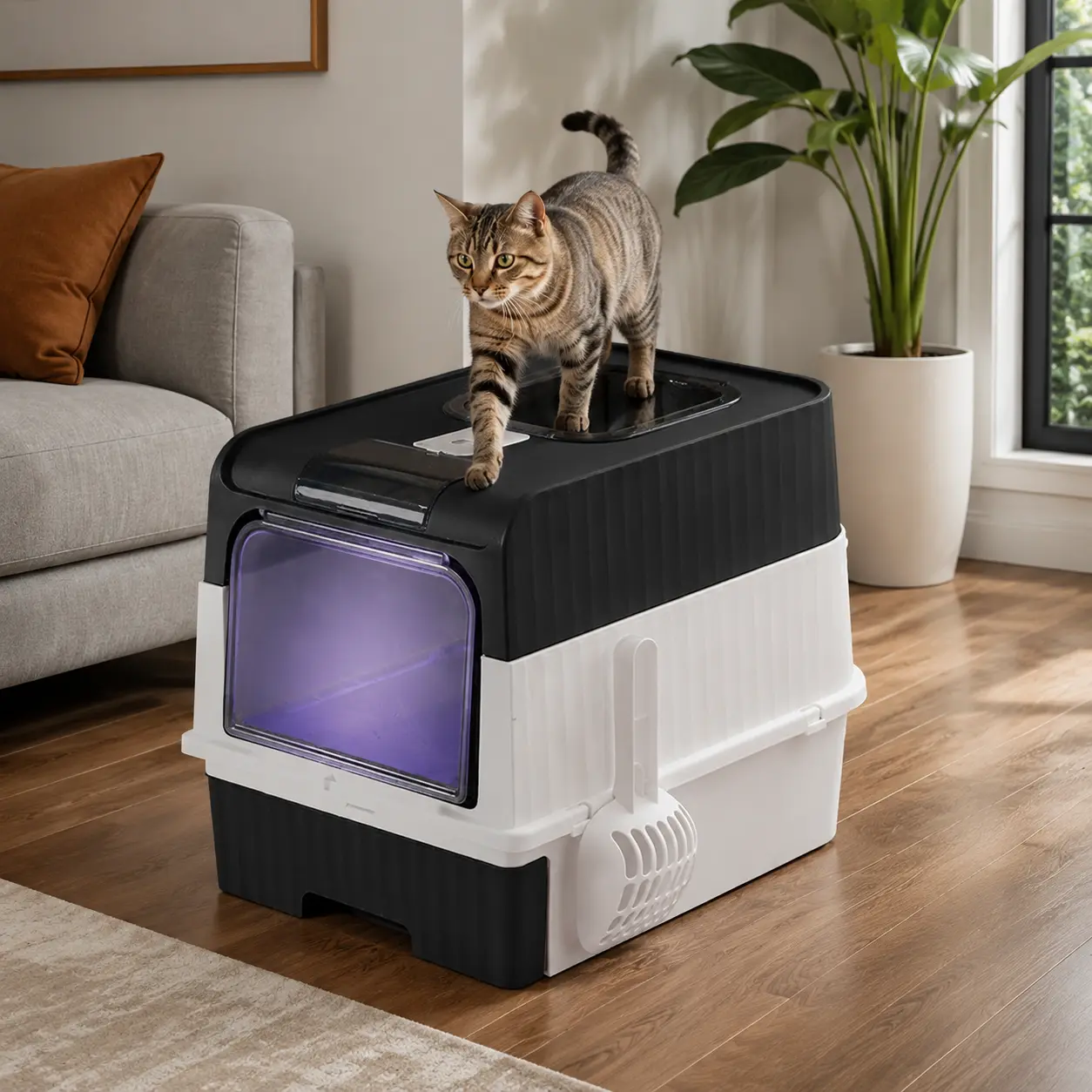 Smart Sensor Top-Entry Foldable Enclosed Cat Litter Box with Front Door, Pull-Out Drawer, Toilet Lid, Easy-Clean Splash-Resistant Tray, Low Dust Scoop, Anti-Urine Leakage, Odor Locking, Large Capacity