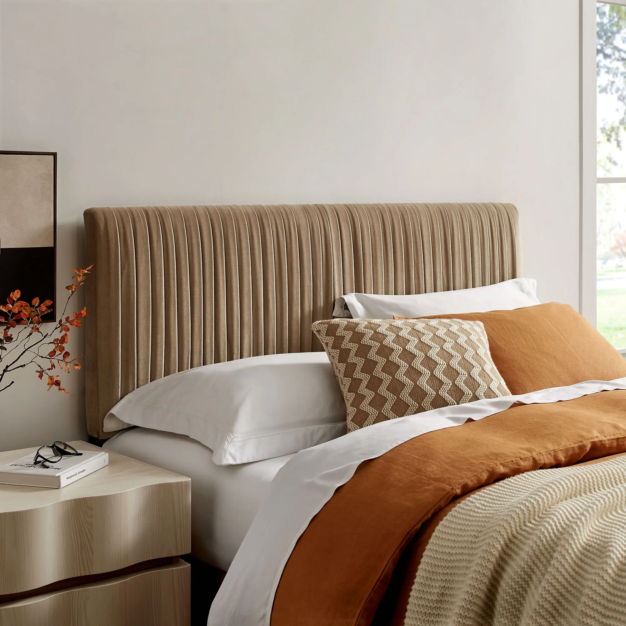 Modway Eloise Art Deco Vintage-Modern Queen Headboard - R uched, Soft, Streamlined, Stain-Resistant Velvet, Taupe Finish, 7 Mounts, Assembly Required