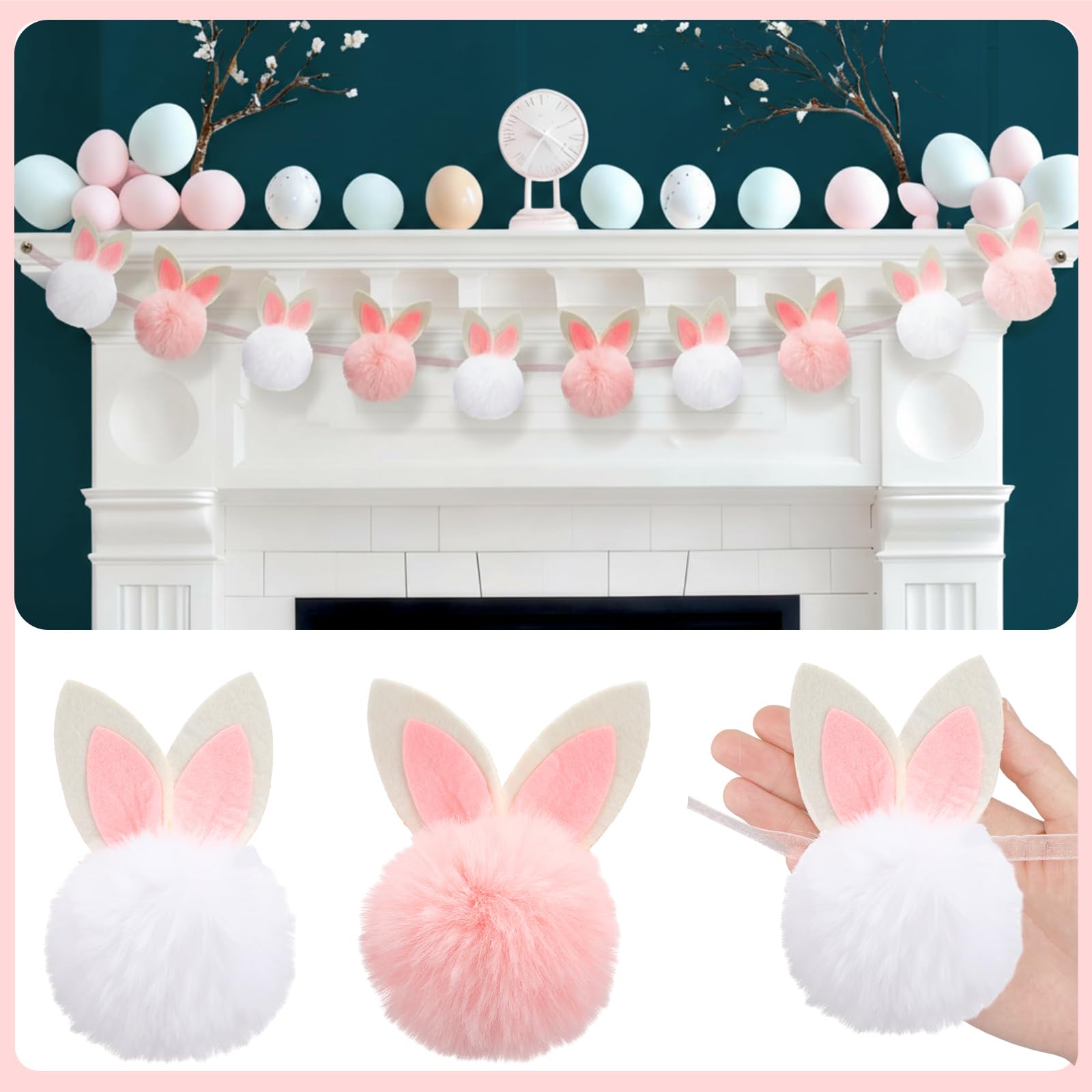 Easter Bunny Garland Wood Beads Banner Rustic Rabbits Hanging Garland with Beads, Bunny Eggs with Bow Door Wreath Garland for Mantle Fireplace Shelf Wall Doorway Display, Spring Home Decor, Easter Decor 2026 Easy Hang Indoor Outdoor Party Supplies & Gifts