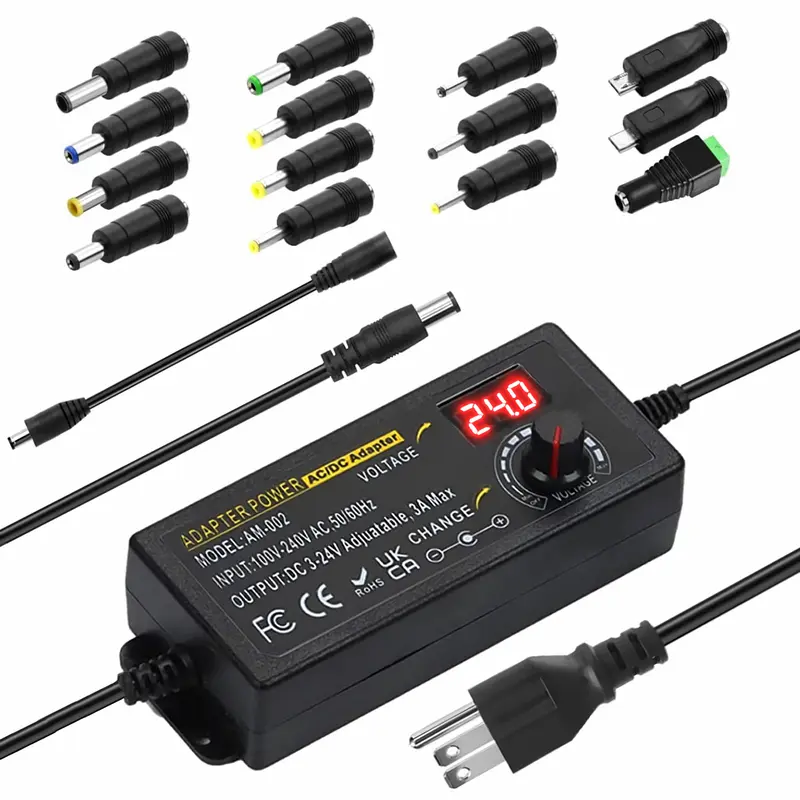 LIZVOR Adjustable Universal AC/DC Switching Power Supply - 3V-24V 3A 72W High Current Capacity, 100V-240V Adapter Converter with 5.5x2.1mm & 14 Tips, for LED Strip Lights, Printers, Speakers