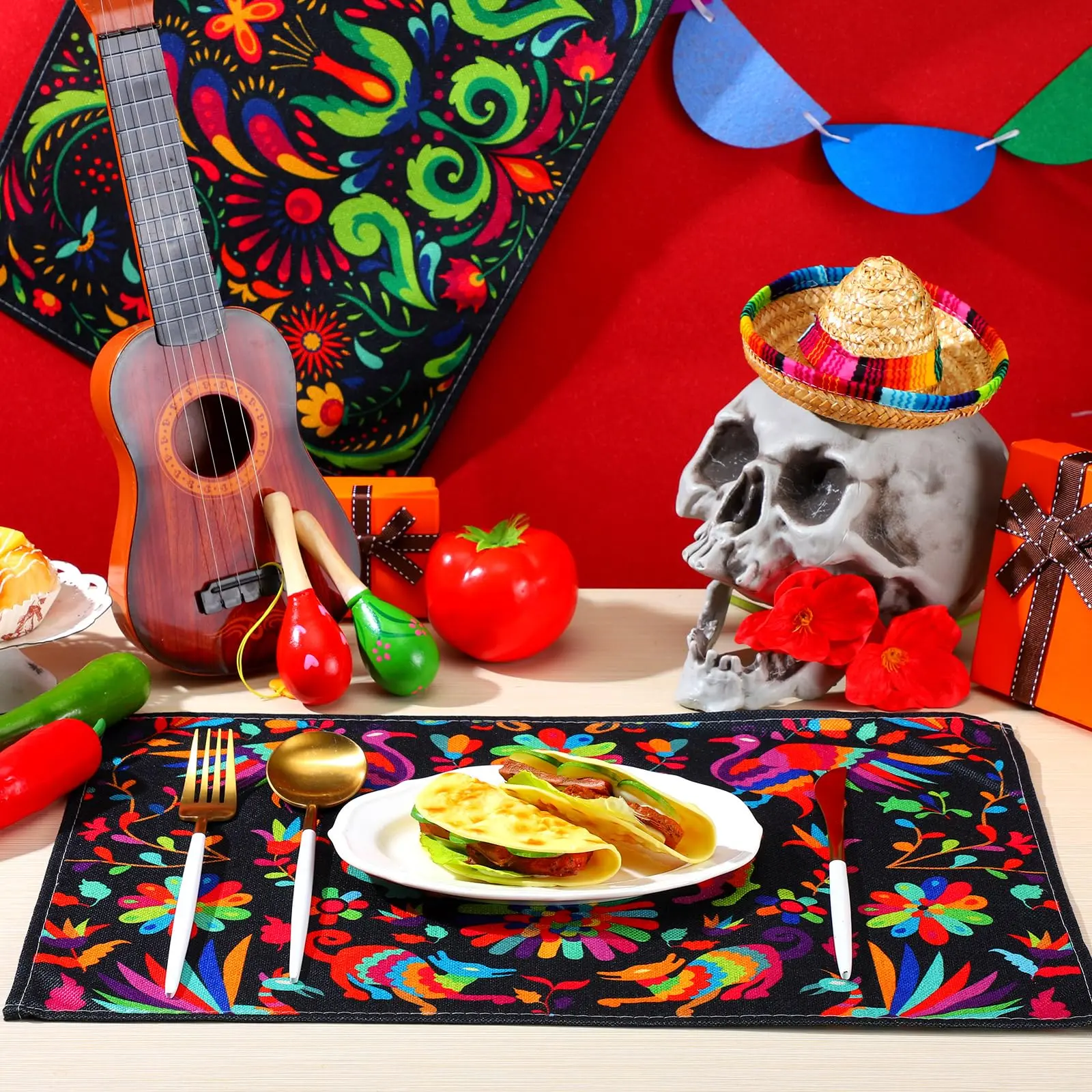 6 Pcs Mexican Otomi Kitchenware Placemats (12"x18") - Sturdy Fiber, Easy-Clean, Vibrant Household Placemat for Cinco De Mayo, Christmas, 6 Mats for Groups, Elevates Mexican Fiesta Dining Tables, Indoor Outdoor Dinnerware Decor, Mexican Day Of The Dead Vib