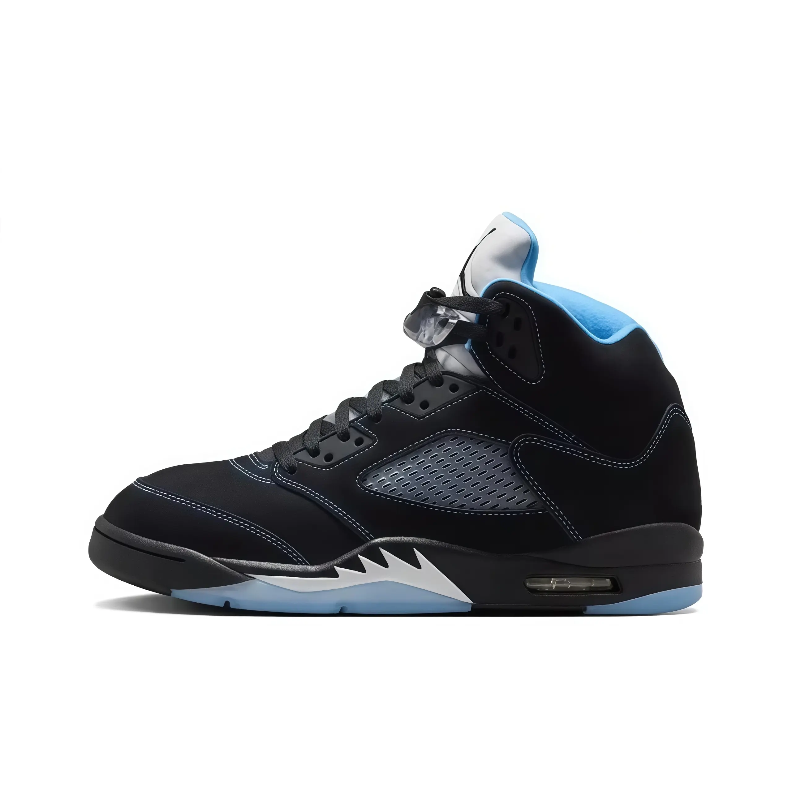 High top basketball sneakers black nubuck upper light blue inner collar white shark tooth midsole light blue outsole clear lace lock perforated mesh panel visible air cushion retro street collectible unisex fashion sport footwear
