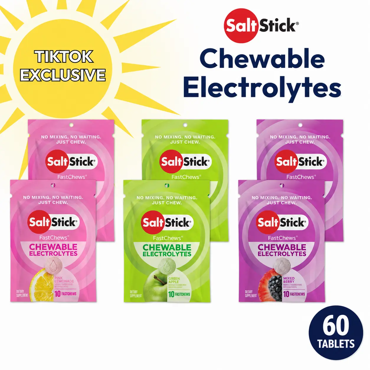 SaltStick Chewable Electrolyte Tablets - Fast Acting Hydration Sunshine Variety Pack - Vegan Non-GMO - Pink Lemonade, Green Apple & Mixed Berry - Pre-Cramp Relief Edible Fitness