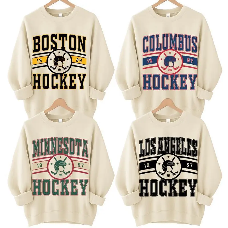 Vintage 90s All Team Hockey fan Sport Sand Sweatshirt, Retro All Team Hockey, Ice Hockey Shirts, Game Day Menswear Classic Fabric
