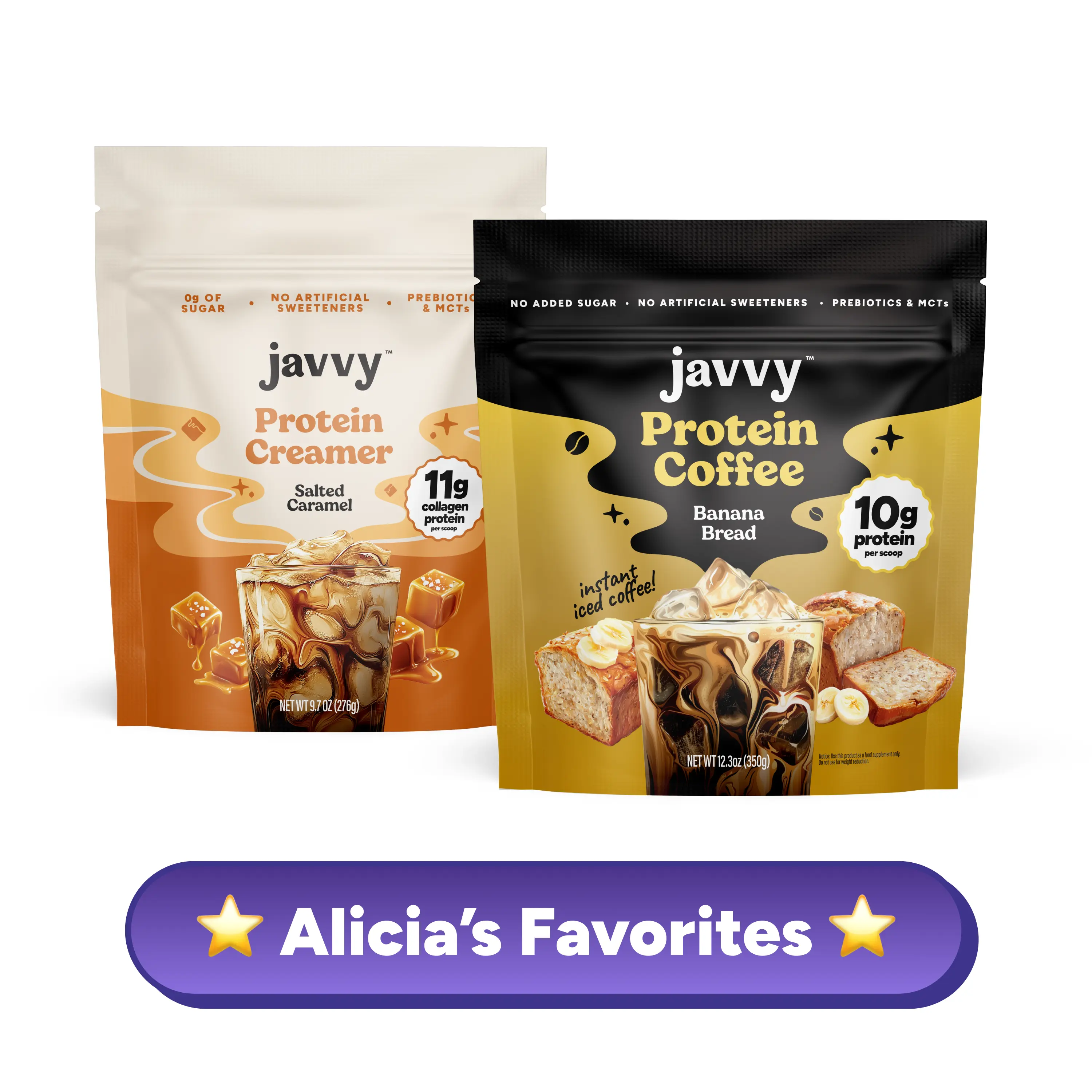 Javvy TikTok Exclusive Bundle - Alicia's Favorites Duo: Banana Bread Instant Iced Coffee Drink Mix + Salted Caramel Protein Creamer, No Added Sugar, Protein and Collagen
