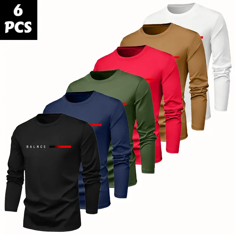 Men's 6-Piece Round Neck Graphic Long Sleeve T-Shirts - Soft, Breathable, Quick-Dry Athletic Apparel, Artwork Print, Assorted Colors, Pull On, Ideal for Daily Casual & Gym Wear (XL Option Available), Crew Neck, Tee, Breathable Tops, Long Sleeve Shirts, Ba