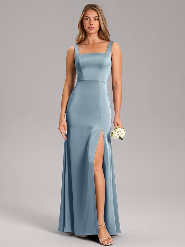 Azazie Frostine A-Line Square-Neck Statement-Bow Leg-Slit Wedding Guest Evening Satin Dress