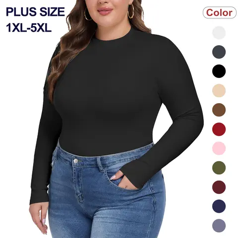 [HOT] COOTRY Plus Size Women's Long Sleeve Slim-Fitting Basic Pullover Top - Rayon-Elastane Blend, Soft Stretchy, Breathable Crew Neck, Loose Option, Dress Casual, for Workdays & Dates - Curvy Clothing Rayon Long Sleeve Tops