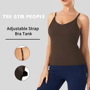 THE GYM PEOPLE Women's V Neck Camisole with Built in Bra Longline Adjustable Spaghetti Strap Yoga Workout Tank Tops