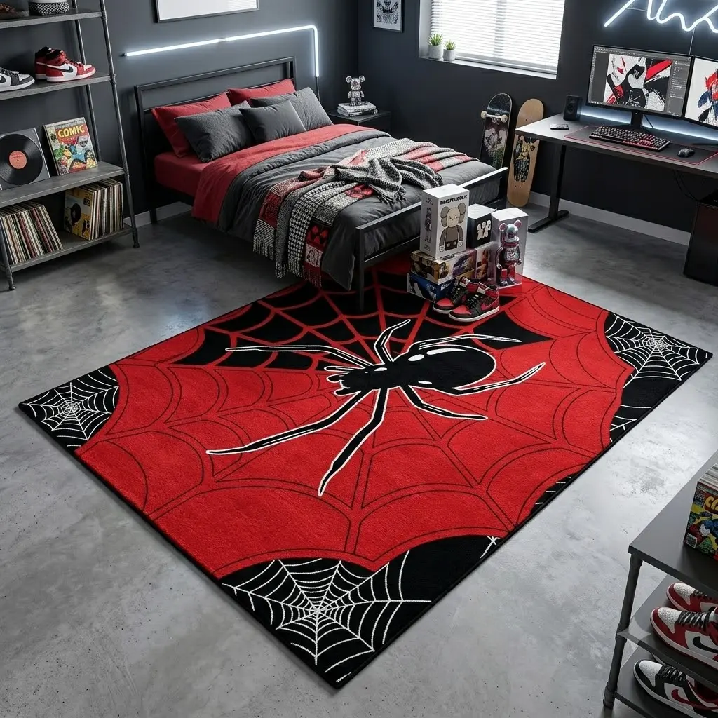 Red Black Spider Web Decorative Area Rug, Minimal Spider Pattern, Non-Slip Washable Fabric, Gothic/Streetwear Style Floor Mat for Bedroom/Gaming Room Home Interior Decor