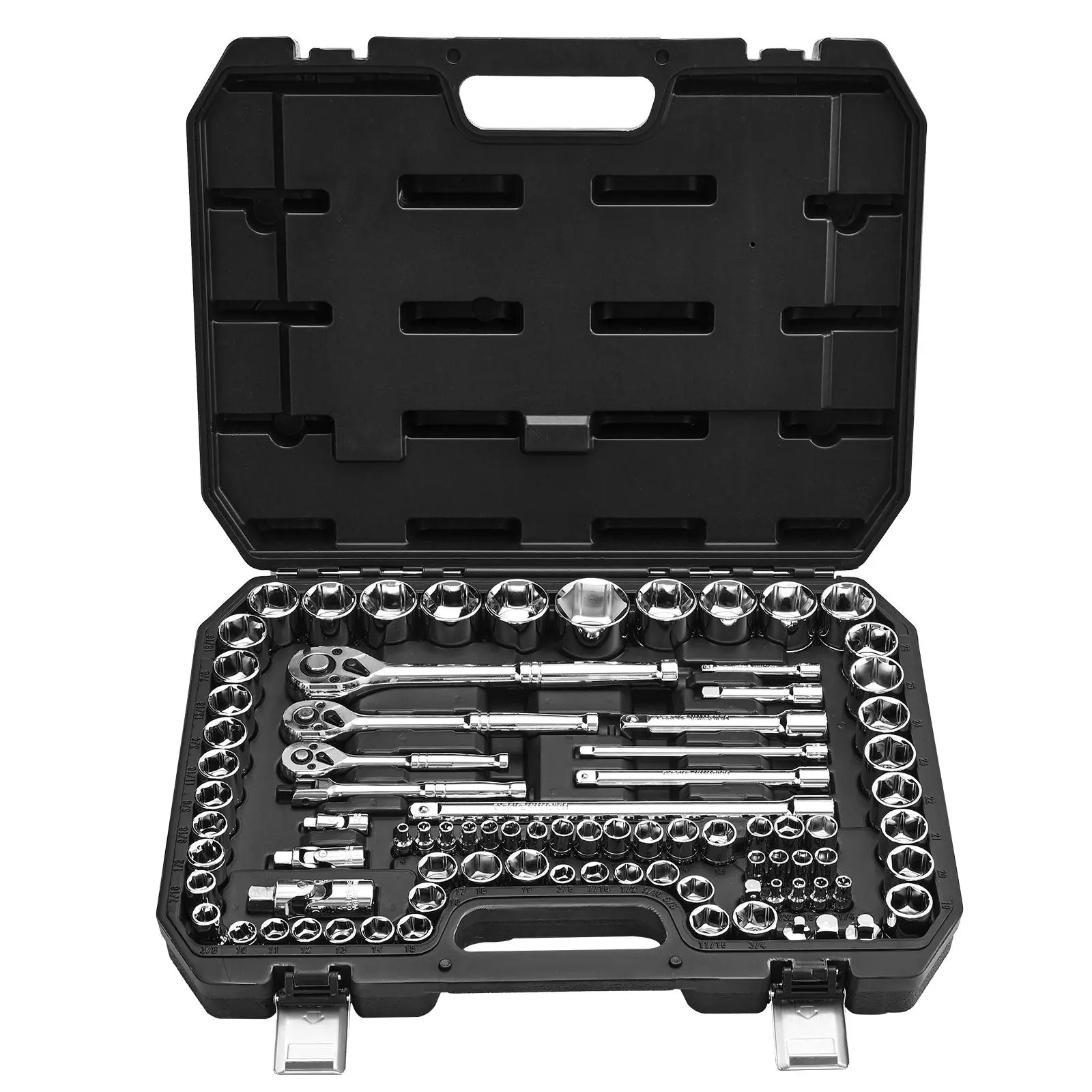 VEVOR 86-Piece CR-V Steel Hand Tools Home Maintenance Kit, 3/8-1/4-1/2 in Drive Sockets, High Torque Ratchet Handle, SAE & Metric Wrenches, Lowlight ID, Easy-to-Read Sizes, Rusted Bolt Power Accessories, Secure Storage Case for Car Repair, Bike Assembly
