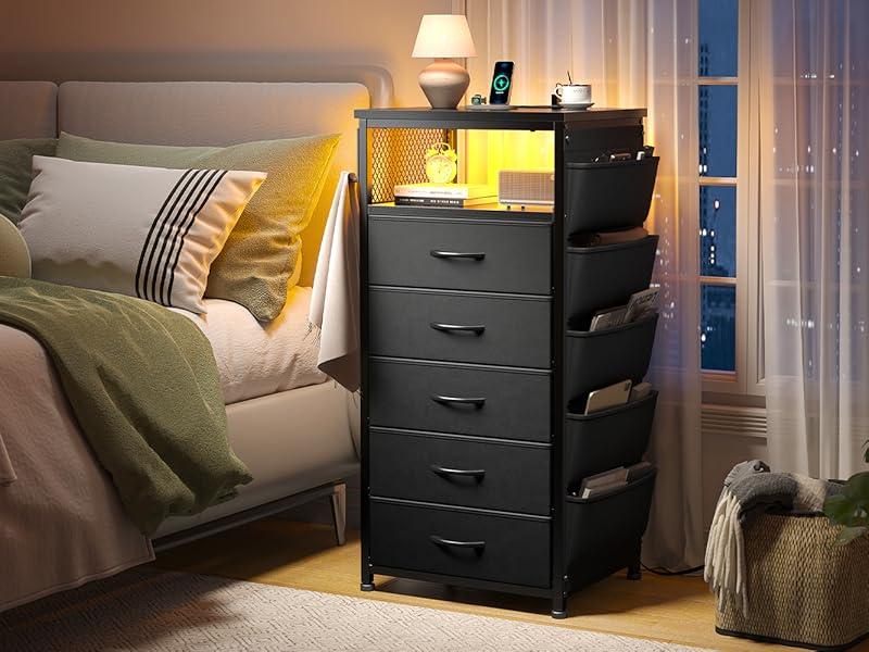 LED Nightstand with Charging Station, USB Port, Power Outlets, Tall Night Stand Set of 2 with 5 Dresser Drawers, Side Table with Side Bag, End Table with Storage Shelf, Bedroom bedroom  furniture