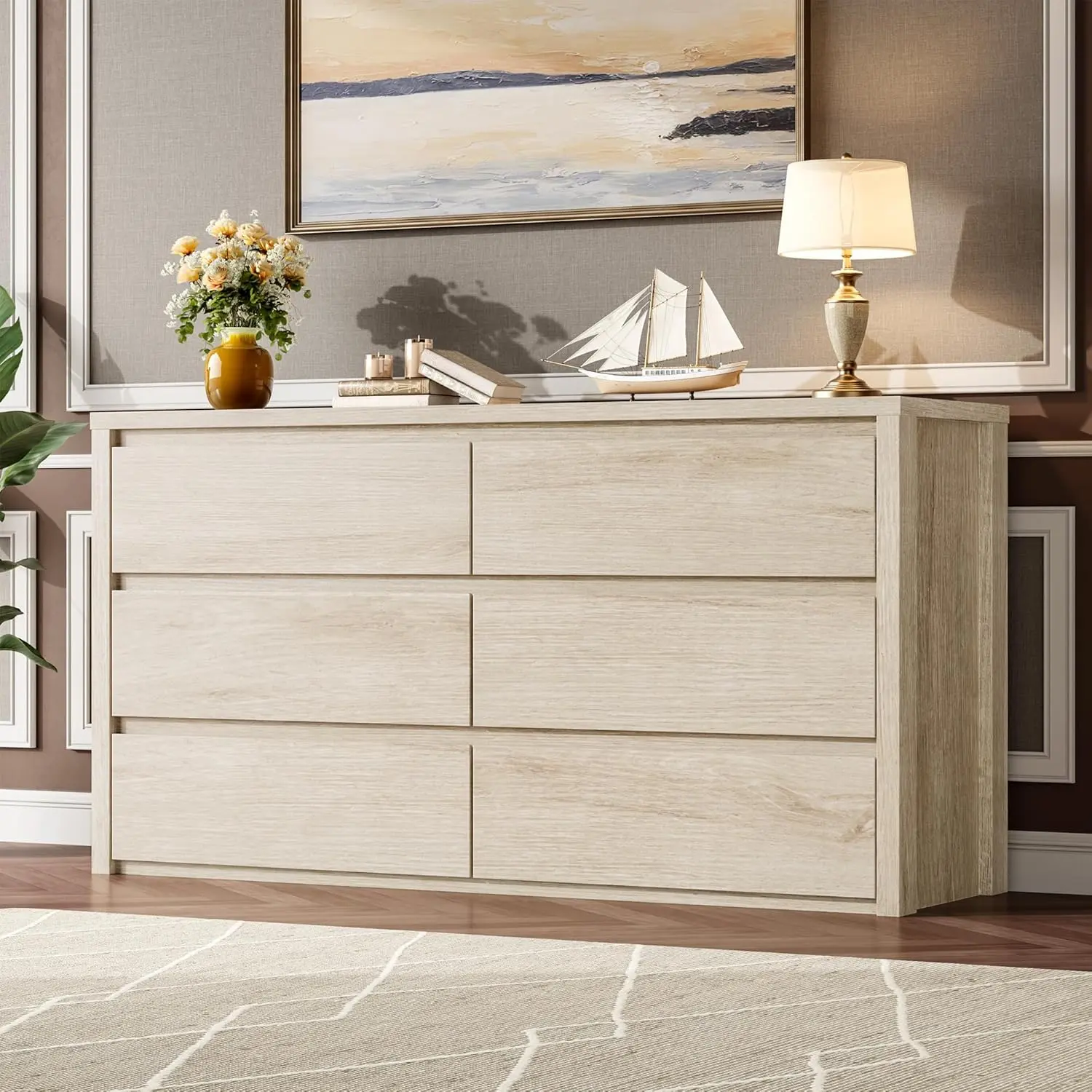 6-Drawer Dresser for Bedroom, Wide Handle-Free Wood Chest, Modern Storage Cabinet for Living Room, Hallway, Entryway