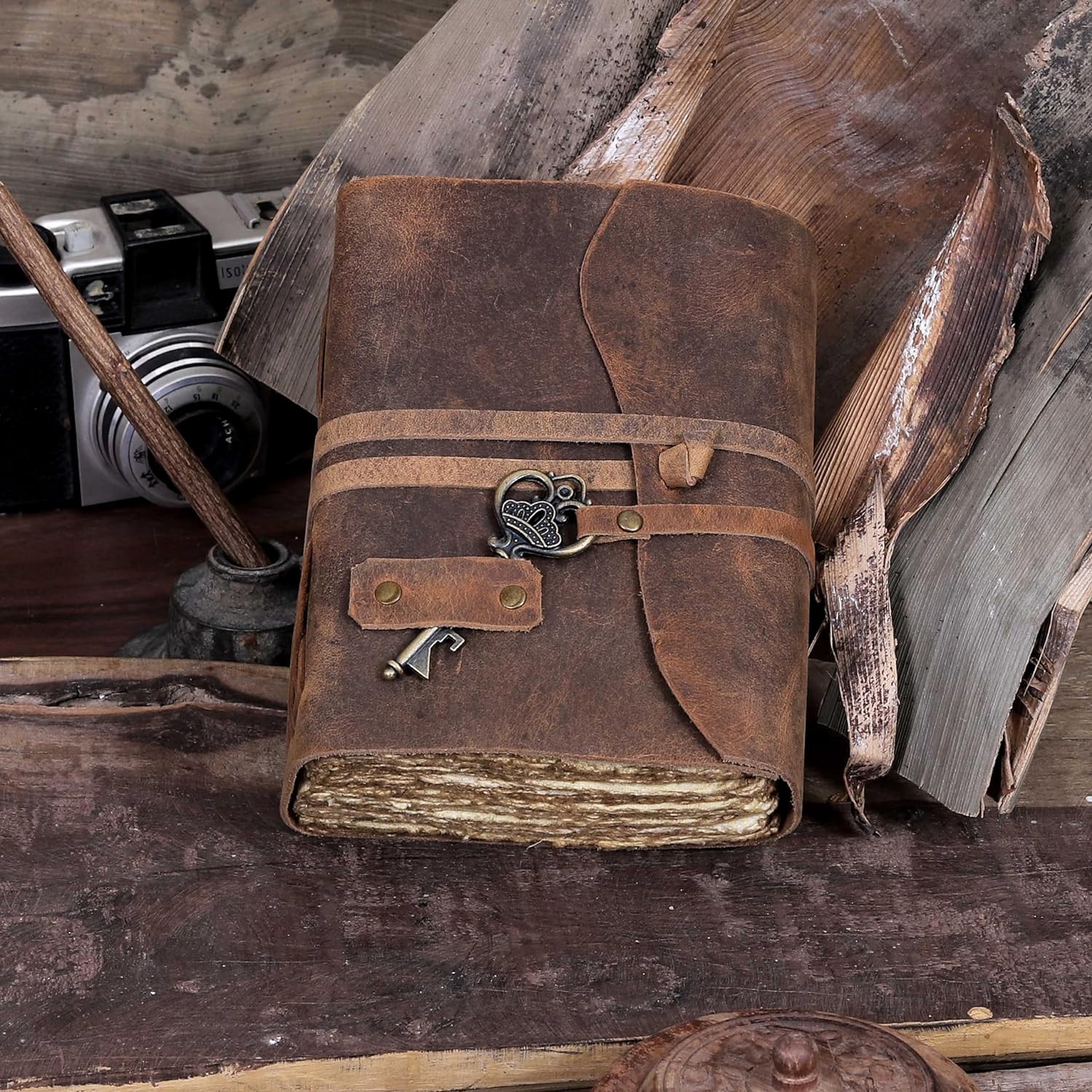 Vintage Leather Journal - Handmade Buffalo Leather Bound Diary with Deckle Edge Pages (5x7 Inch) 200 Pages