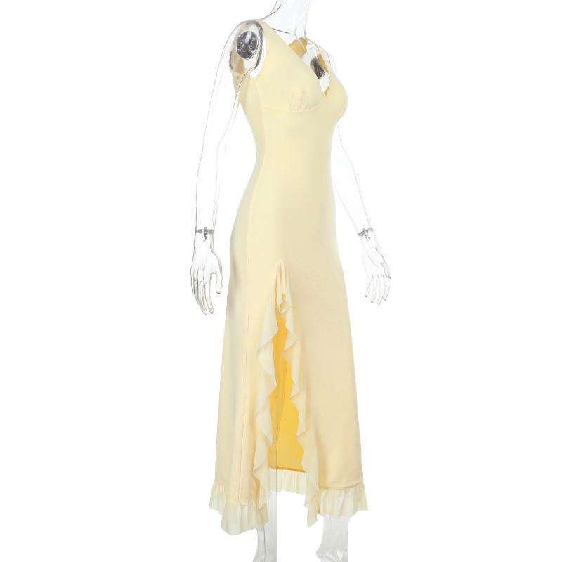 JY24071SKO-Women's Summer Sheer Beach Cover Up Dress Elegant Sleeveless V-Neck Ruffle Trim Split Maxi Gown Lightweight Transparent Mesh Long Dress for Tropical Vacation Poolside and Cruise Wear