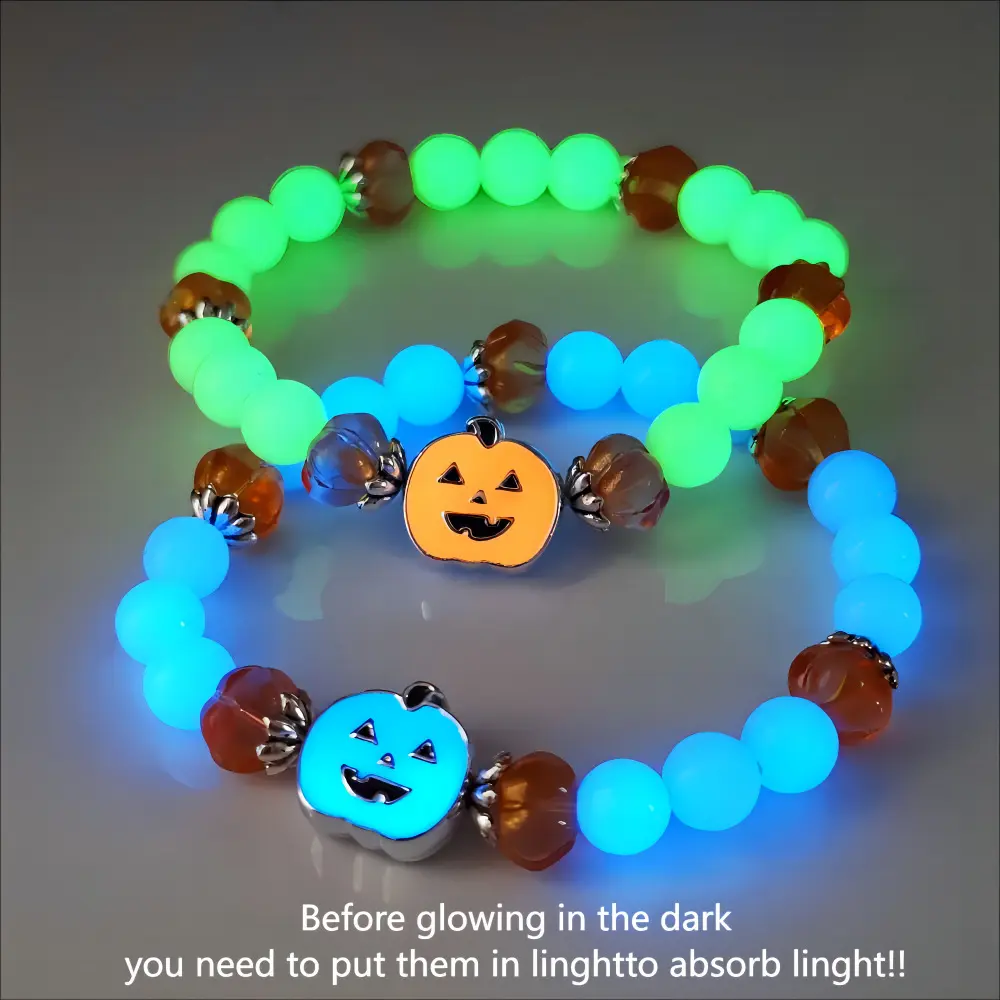 New Luminous Beaded Bracelet For Halloween, Glow In Dark Pumpkin Ghost Face Bead Strand Jewelry Party Wrist Accessory For Women Girls