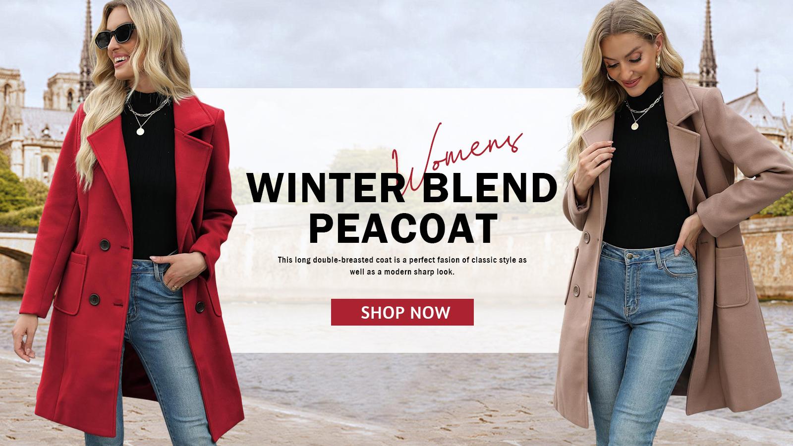 Molitree Women's Winter Wool Blend Camel Mid-Long Coat Notch Double-Breasted Lapel Jacket Outwear Casual Button Closure Elegant Fitted Basic Tops  Womenswear Outerwear Blue Collared Minimalist