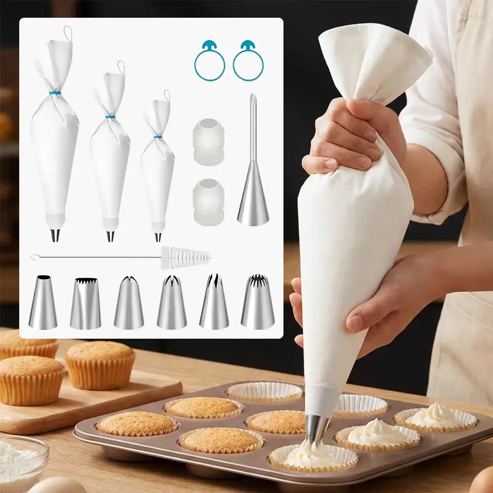 Reusable Piping Bags and Tips Set - Cotton Pastry Bag 16" with 6 Icing Tips for Cake Decorating - Durable Cotton Exterior, Easy to Clean, Eco-Friendly Baking Kit for Home Bakers & Chefs