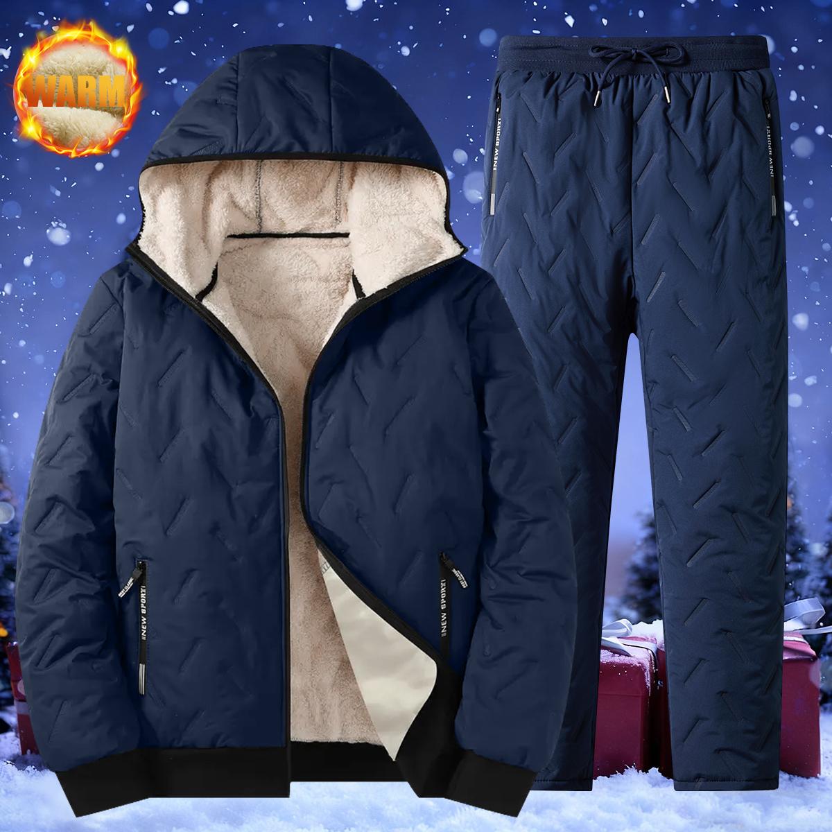 Men’s Casual Cotton Jacket and Pants Set - Autumn/Winter Hooded Long Sleeve Straight Leg Winter Coat with Plush Lining and Polyester Fiber Fabric Stand Collar Pocket - Perfect as a Christmas Gift thick comfort