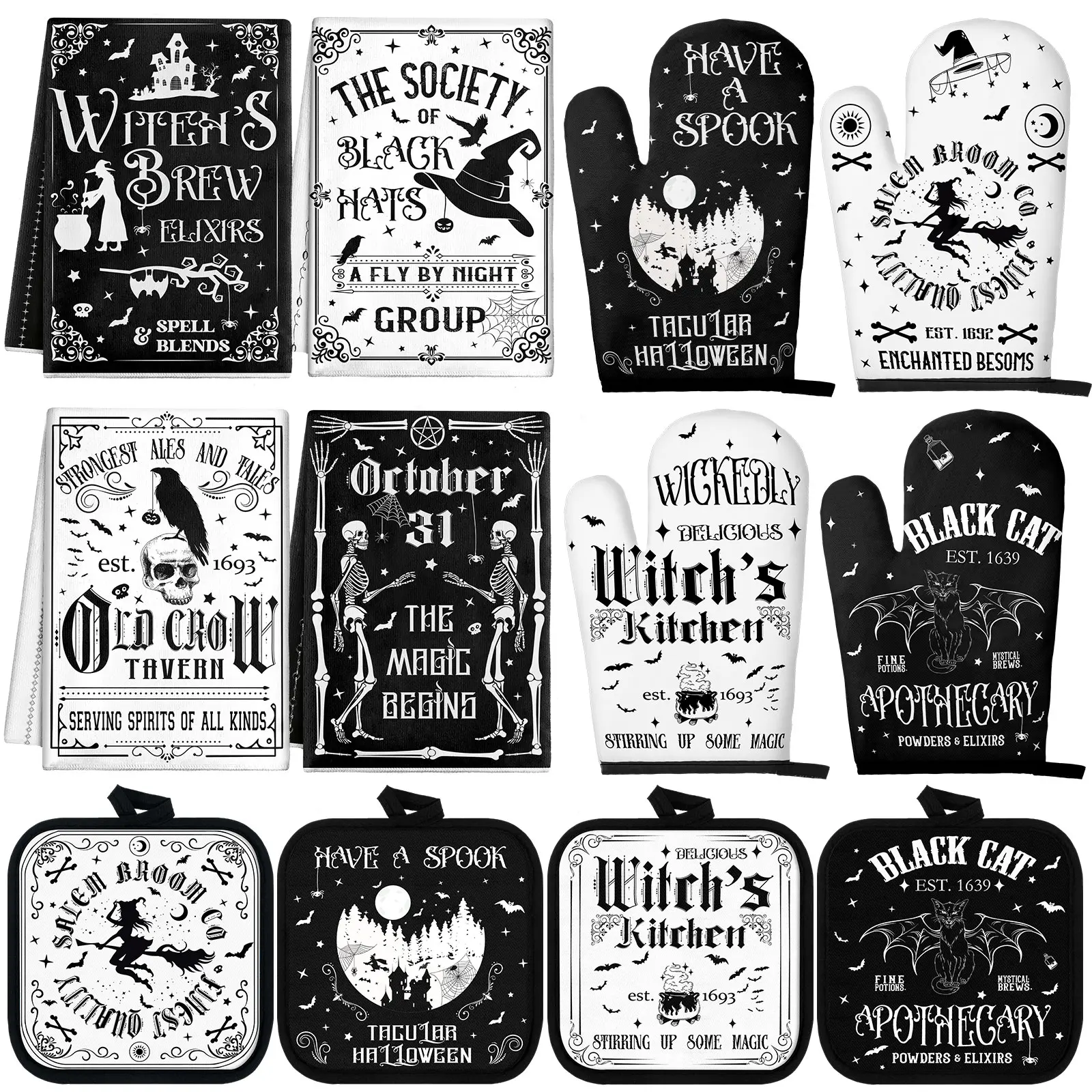 10/12 Pcs Halloween Kitchen Decor Towels and Oven Mitt Sets Include Skeleton Oven Mitts & Microfiber Ghost Dish Towels & Heat Resistant Witch Pot Holders Cooking Accessories for Holiday Gifts Kitchen MustHaves Decoration Bakeware