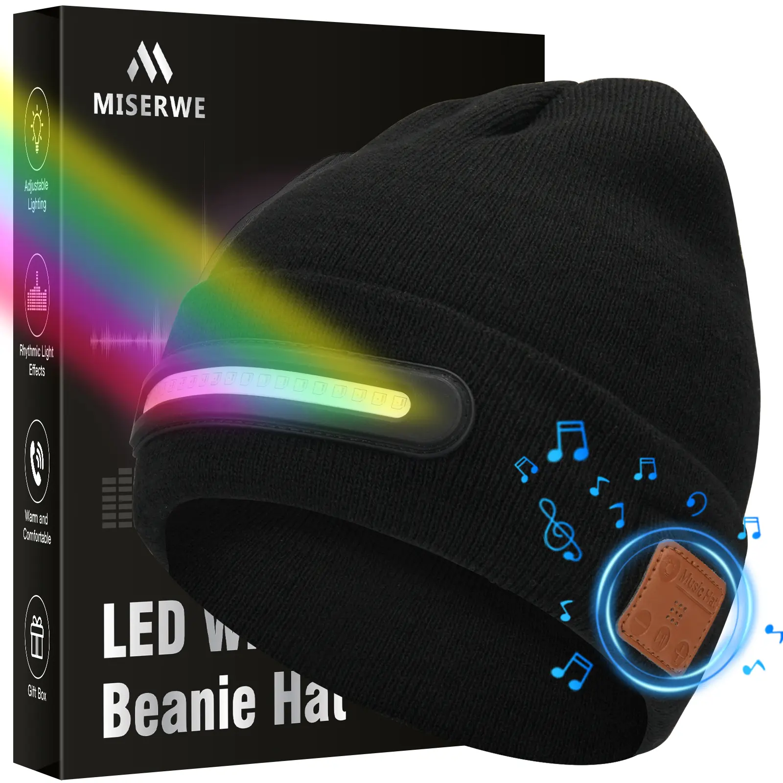 Bluetooth visorless cap with headlamp strap, integrated earphones and microphone, stereo surround sound. Ideal for running, hiking and jogging. Suitable for men and women. Halloween/Christmas gift (colourful lights)
