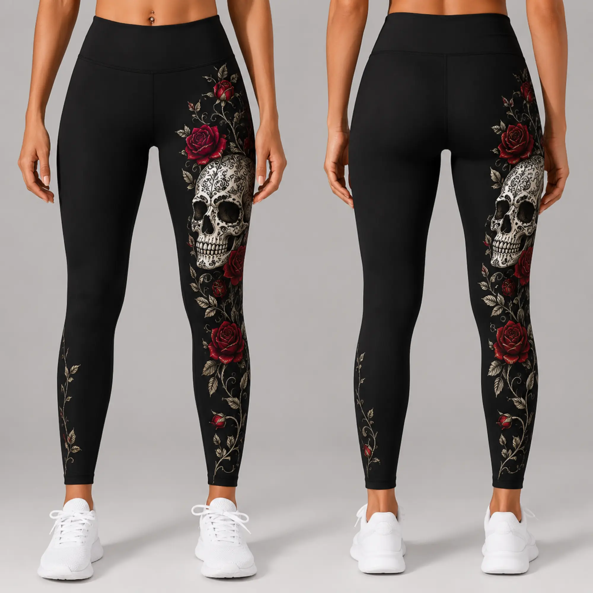 Gothic Skull Rose Leggings - Black High Waist Floral Skeleton Yoga Pants, Full Length Stretch Workout Tights, Dark Aesthetic Activewear for Gym, Casual Wear and Halloween Style