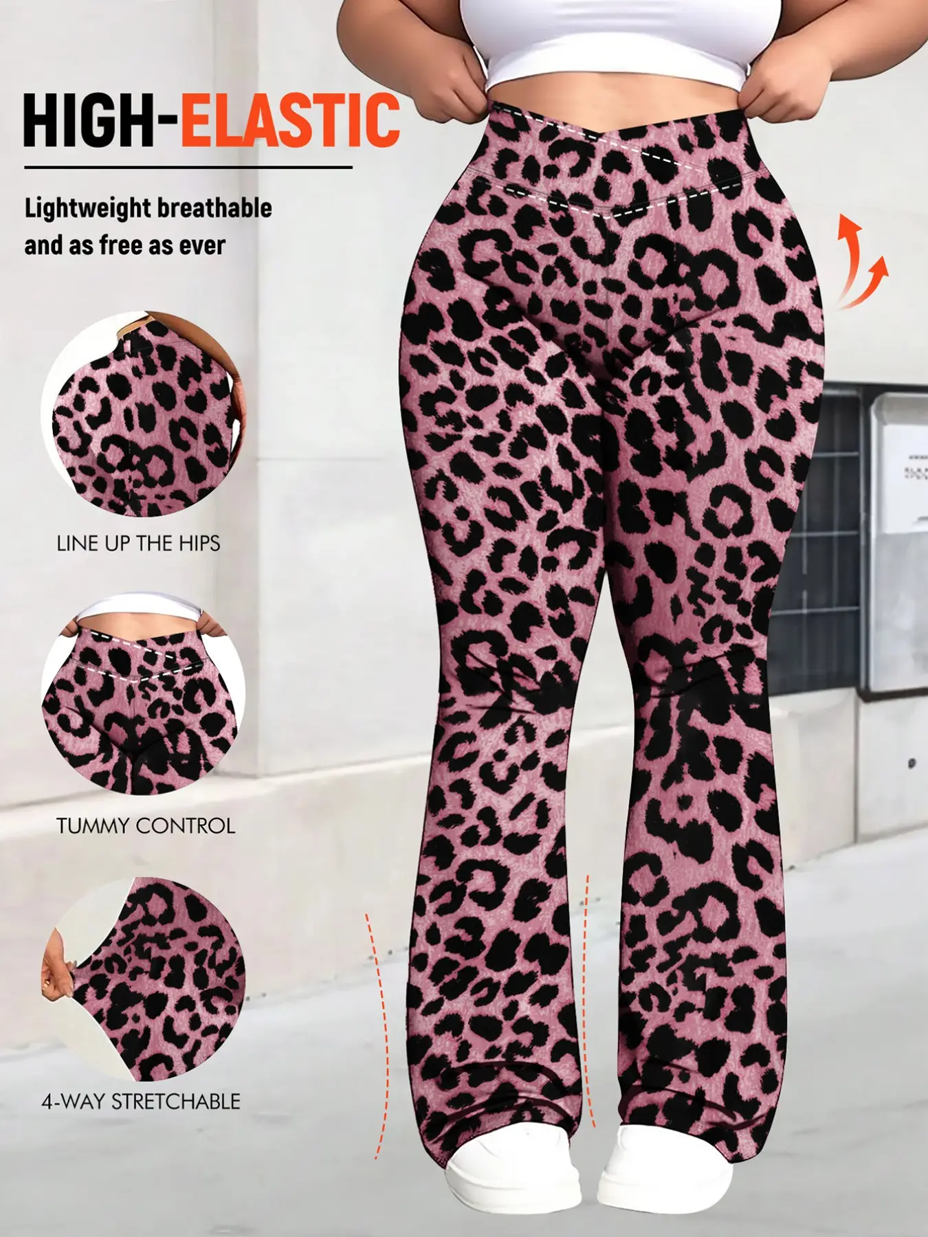 Plus Size High Waist Leopard Print Flared Trousers, Elastic Slim Fit Yoga Pants, Sporty Casual Wide Leg Pants for All Seasons Elegance