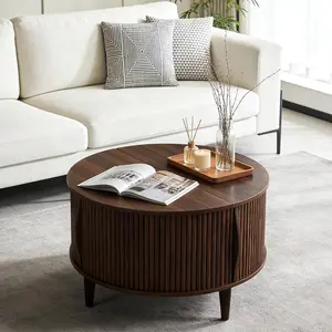 Round Coffee Table with Storage, 2-Tier Wood Center Table with Sliding Cabinet Door, Modern Fluted Living Room Table for Small Spaces (Natural Wood/Dark Brown)
