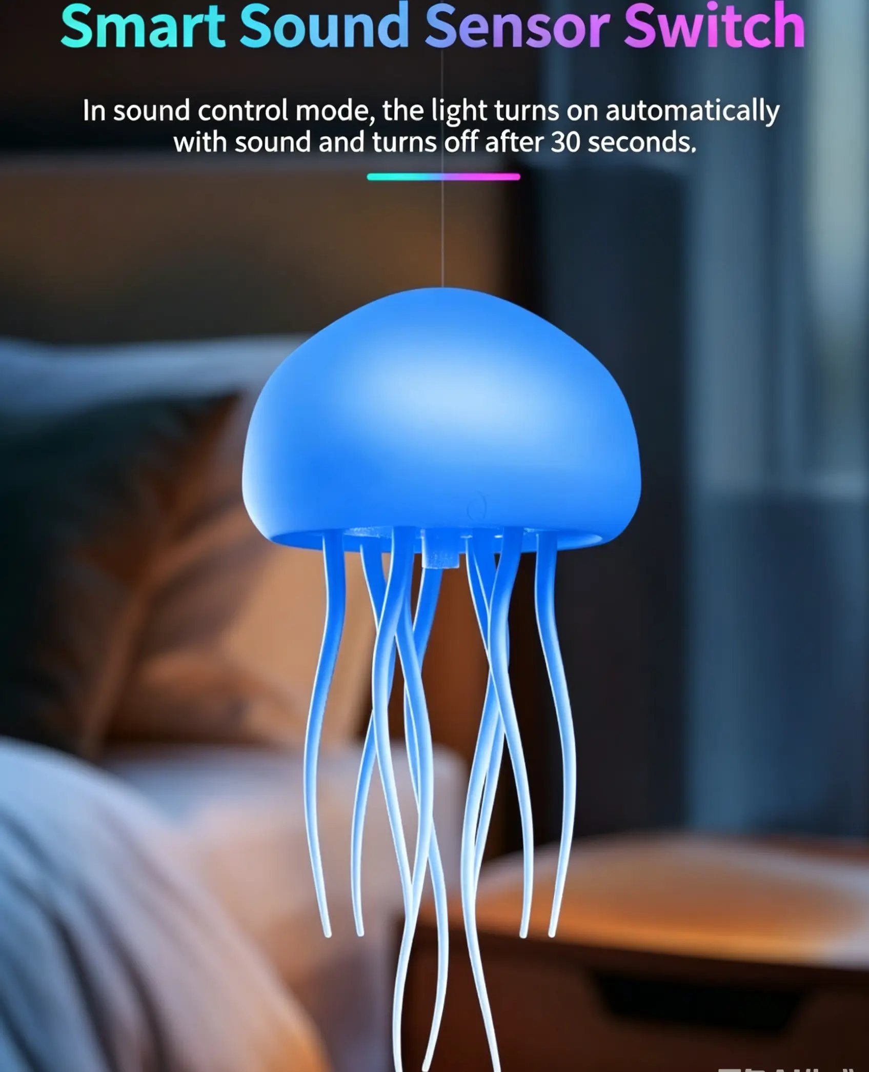 Magical Sound Activated Jellyfish Lamp, Rotatable Tentacles LED Mood Light, USB Charging Floating Jellyfish Nightlight, Aesthetic Room Ornament Holiday Gift