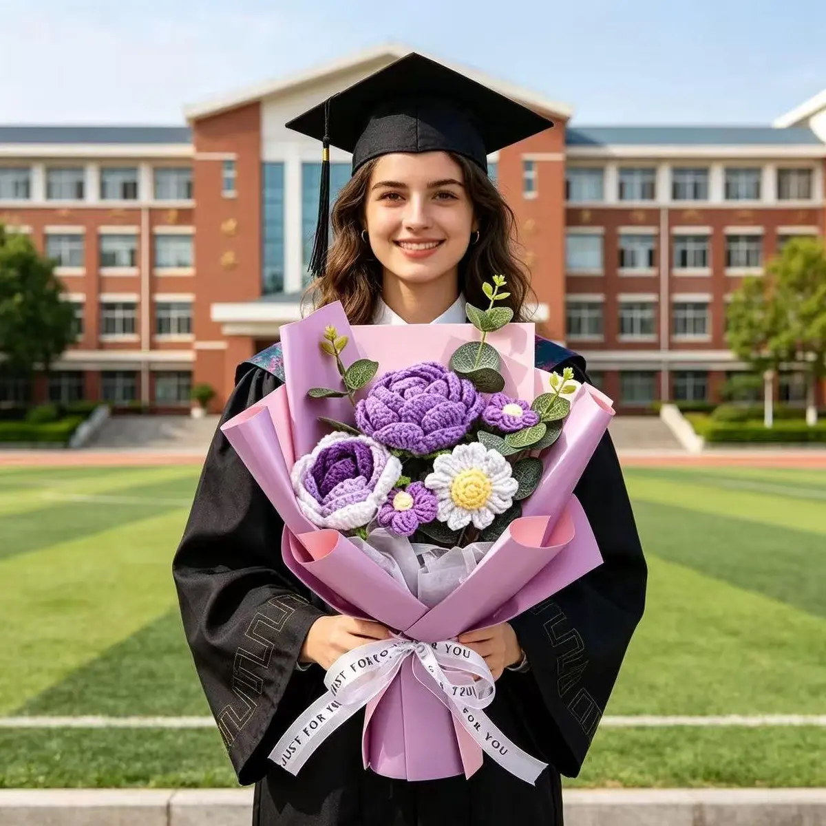 Handmade Crochet Flower Bouquet, Roses Paired with Small Daisies and Eucalyptus Bouquets,Everlasting Wool Roses, Gifts for Her During Graduation Season, Atmospheric Commemorative Bouquets for Graduation, Teachers' Day, Mother's Day and Anniversaries