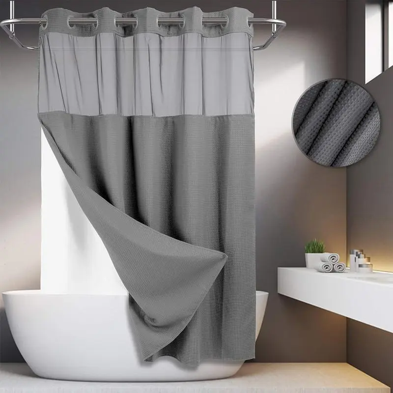 Polyester Cloth Waterproof Waffle Shower Curtain with Sheer Top, Washable Bathroom Decor Set for Easy Cleaning, Shower Curtains