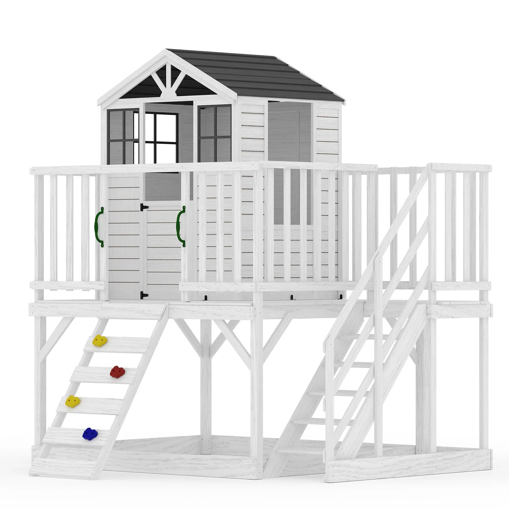 Gaomon 2-Story Cedar Wood Outdoor White Playhouse, Elevated with Raised Deck, Climbing Wall, Step Ladder, Large Dimensions for Multiple Kids, Kids Outdoor Play, Outdoor Play Sets