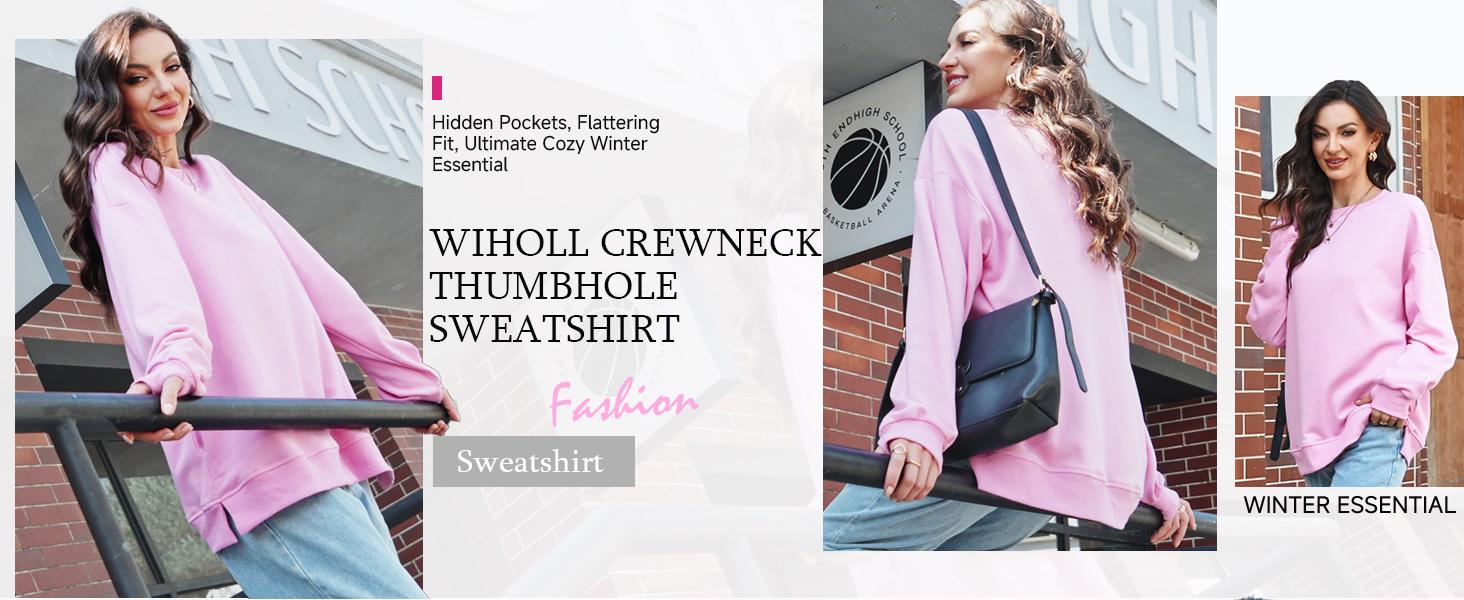 WIHOLL Women's Crewneck Thumbhole Sweatshirt with Dual Pockets - Flattering Oversized Fit for Effortless Fall Style