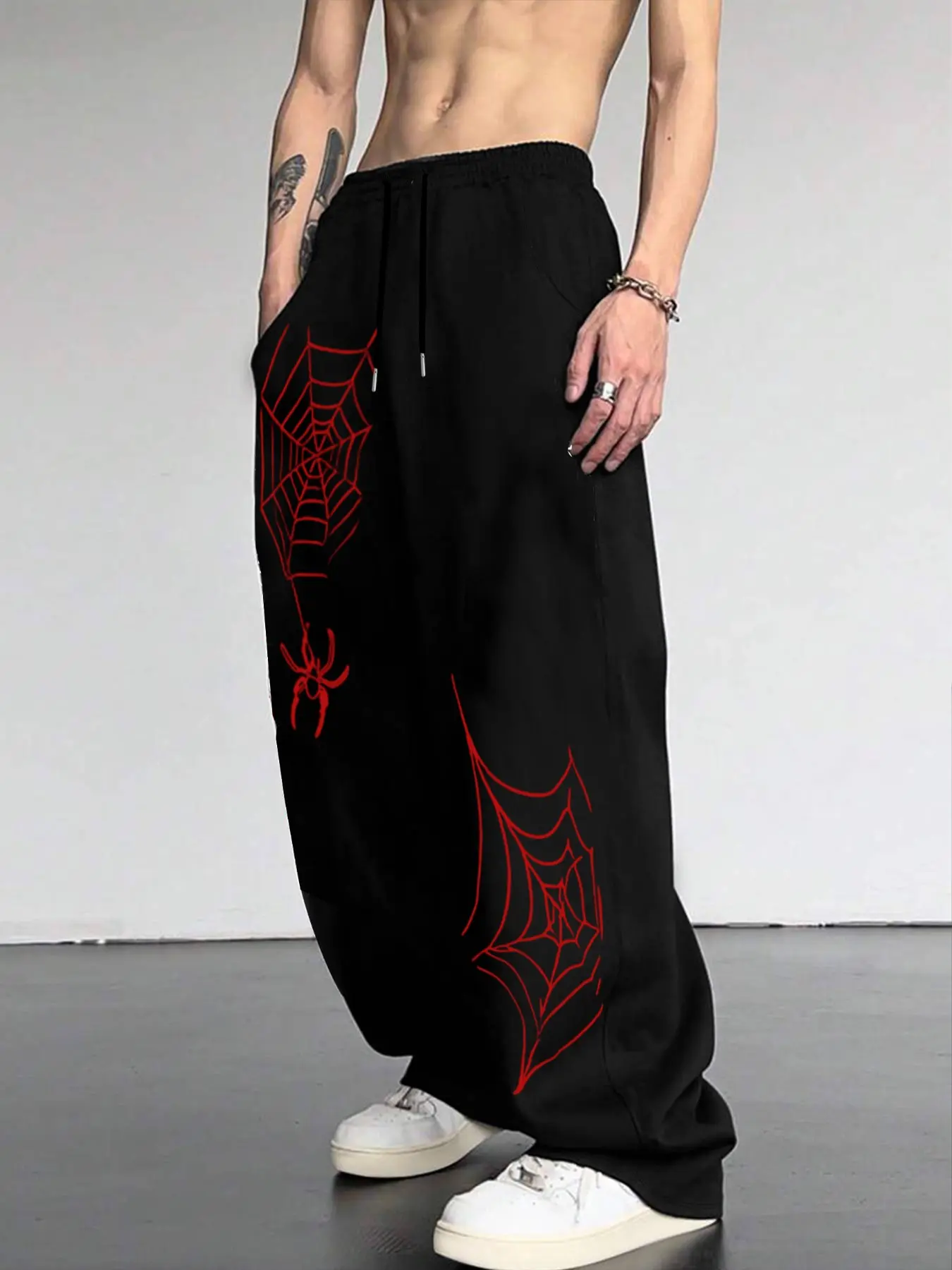 Men's Spider Web Print Drawstring Waist Sport Pants, Casual Comfortable Running Trousers, Classic Versatile Sports Sweatpants