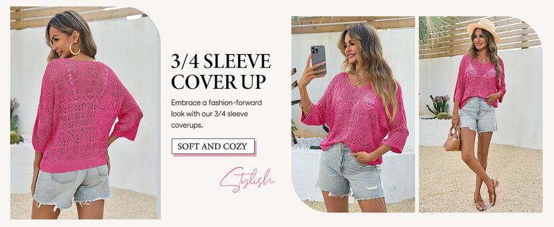 Imily Bela Womens Crochet Cover Up Top Summer 3/4 Sleeve Off Shoulder Sweater Shirts Mesh Boho Beach Swimsuit Coverup