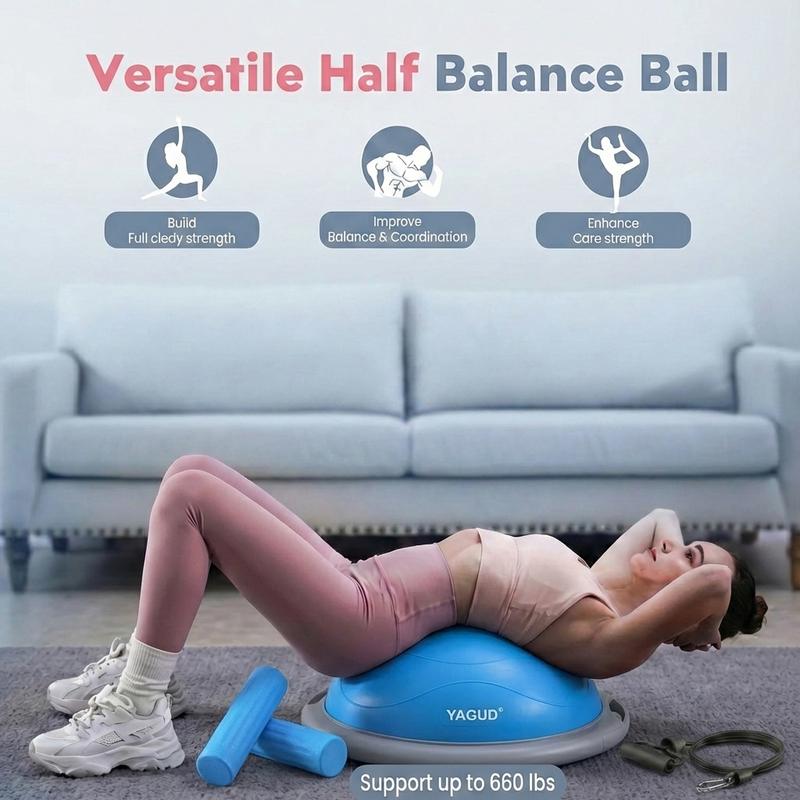 Yagud Balance Ball Trainer with Resistance Bands and Foot Pump, Inflatable Yoga Ball for Home Gym Workouts, 24 Inch Exercise Half Ball for Balance Training Core Strength Fitness More, 660lb Capacity