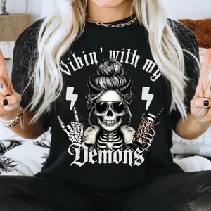 With My Demons Skeleton Tee – Gothic Demon Shirt Featuring Dark Humor Proverbs