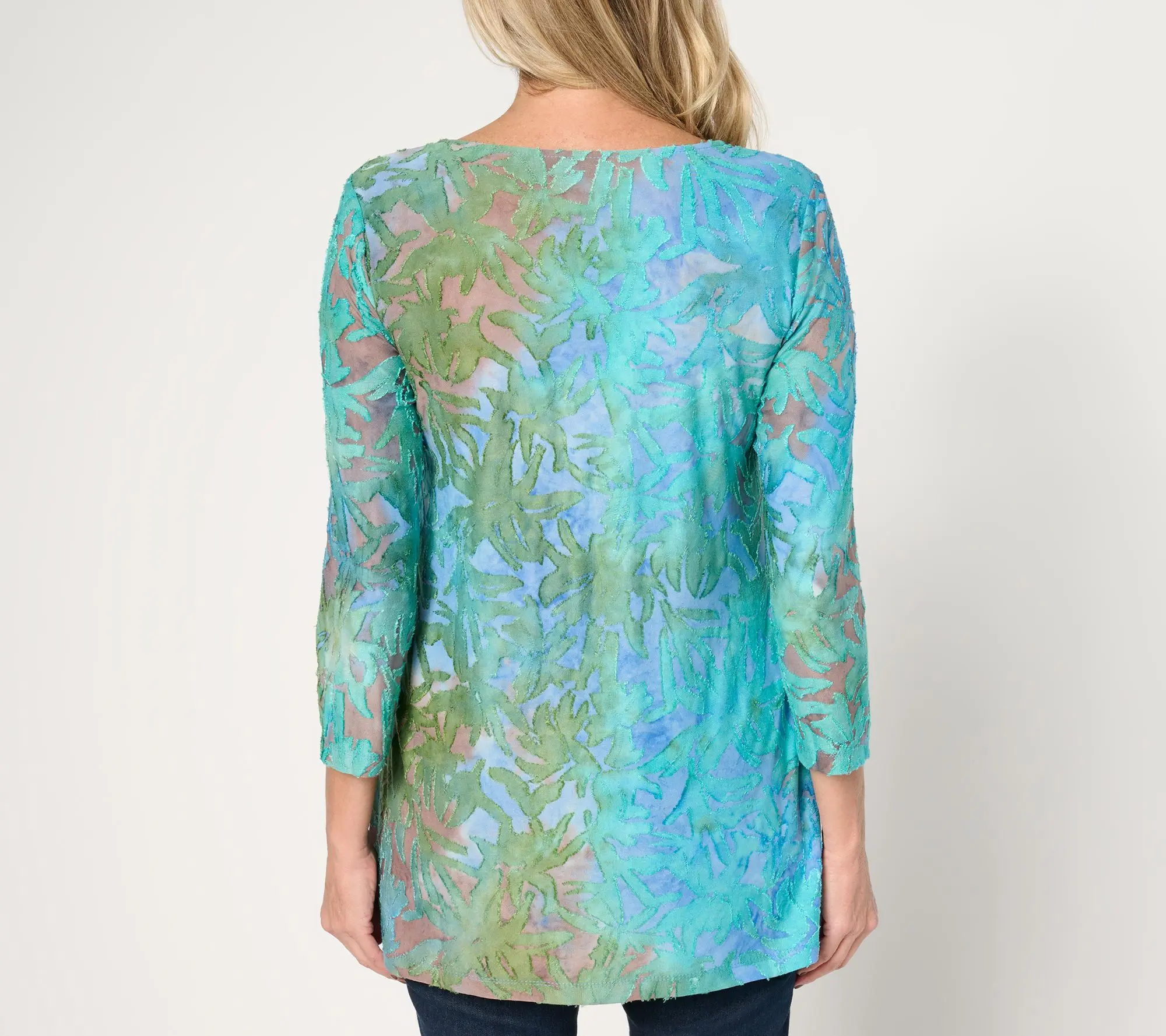 Susan Graver Weekend Petite Tie Dye Burnout 3/4 Sleeve A-Line