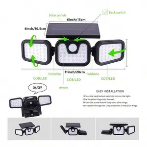 2 LED Motion Sensor Outdoor Lights with Remote Control 3Heads 270° Wide Angle IP65 Waterproof Solar Floodlight Street Security Lights for Outdoor Patio Walls