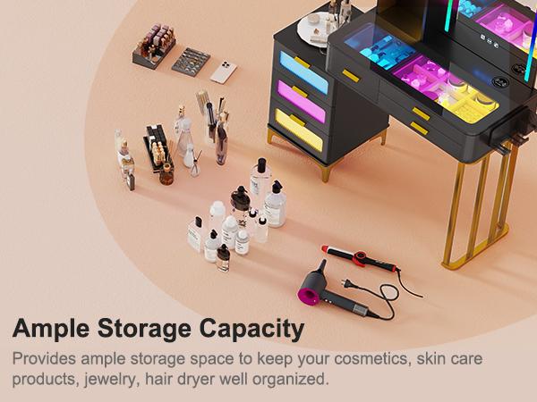 Miu Vanity Set with 24-Color RGB Lights, Wireless Charging, HD Mirror, 6-Drawer Chest & Big Storage Furniture Organizing - Modern